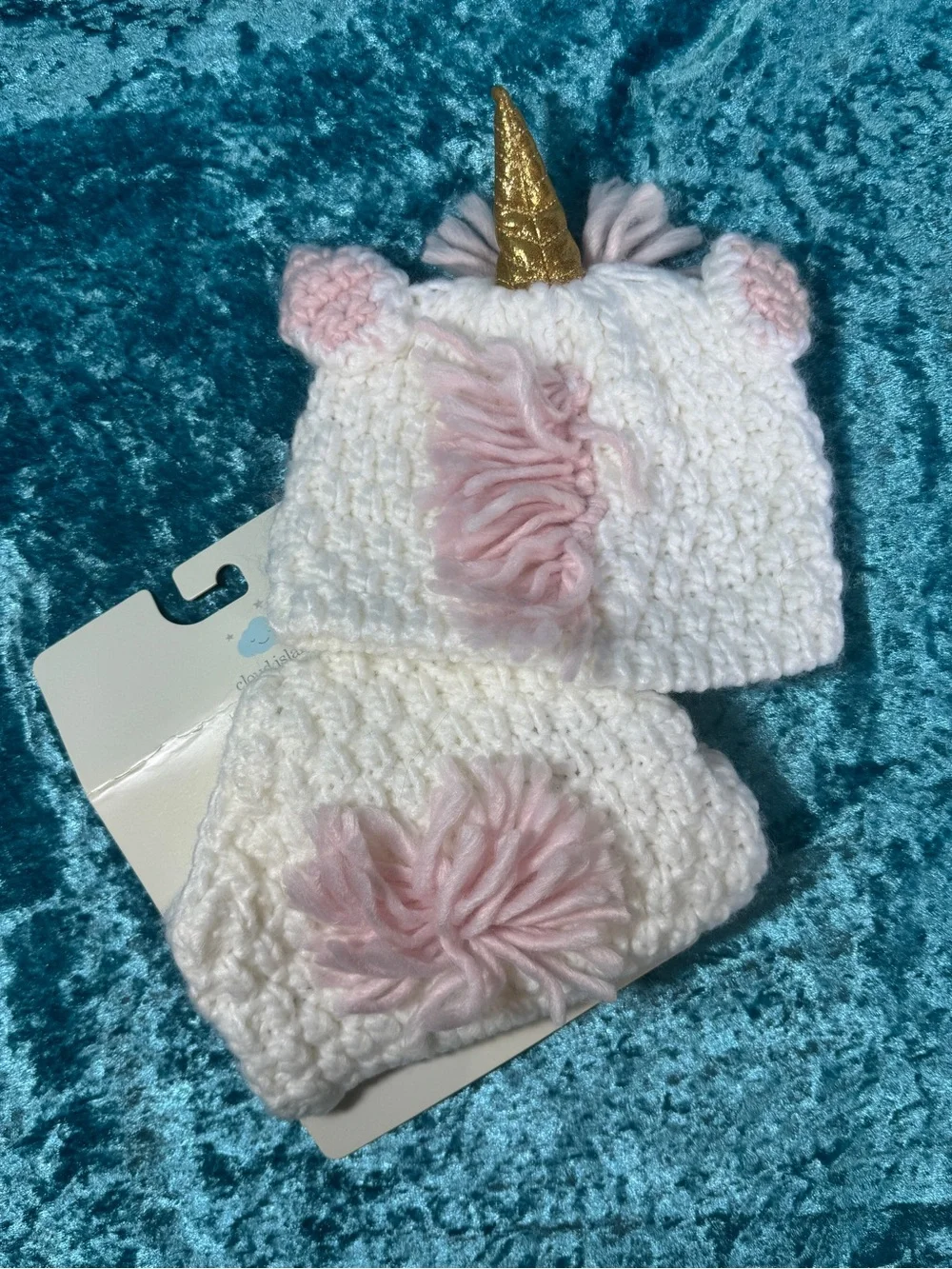 cloud island White Unicorn Knit Hat with Gold Horn and Pink Mane